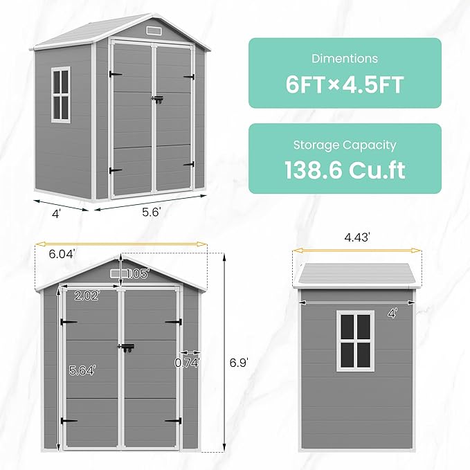 UDPATIO Outdoor Resin Storage Shed 6x4.5 FT, Plastic Garden Shed for Bike, Garbage Can, Tool, Outside Sheds with Lockable Door for Backyard, Patio, Lawn, Grey & White-VerdiqueGarden