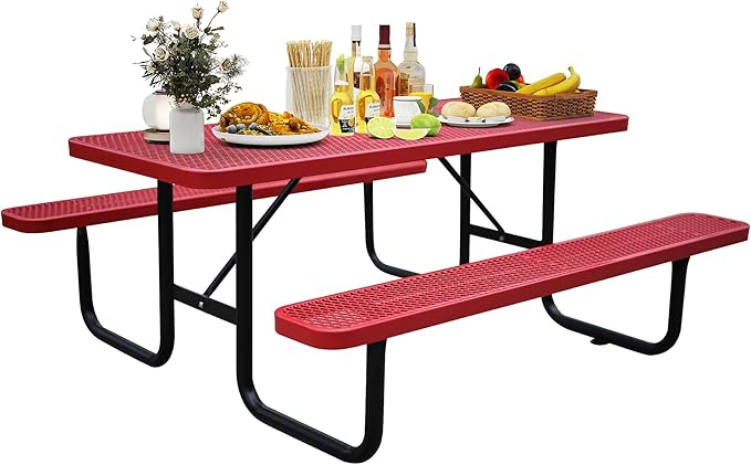 6FT Metal Picnic Tables for Outdoors, Commercial Rectangular Picnic Table and Bench Set for Outside, Patio, Garden, Backyard, Porch, Surface Mount, Red-VerdiqueGarden