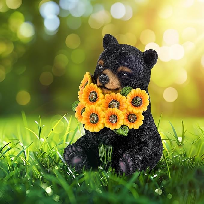 ILLUMINEW Solar Garden Lights Outdoor Statues Black Bear with Sunflowers, Sculpture Decor Mother Gifts for Women, Men or Daughter, Unique Garden Statues for Housewarming Gifts-VerdiqueGarden