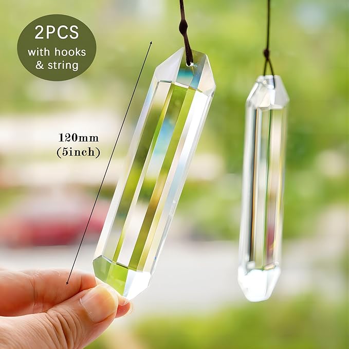HDCRYSTALGIFTS Set 2 Crystal Suncatchers, 120mm Large Prism Sun Catchers Windows Hanging Ornaments Rainbow Maker Pendant Indoor Outdoor Garden Decor,Clear-VerdiqueGarden