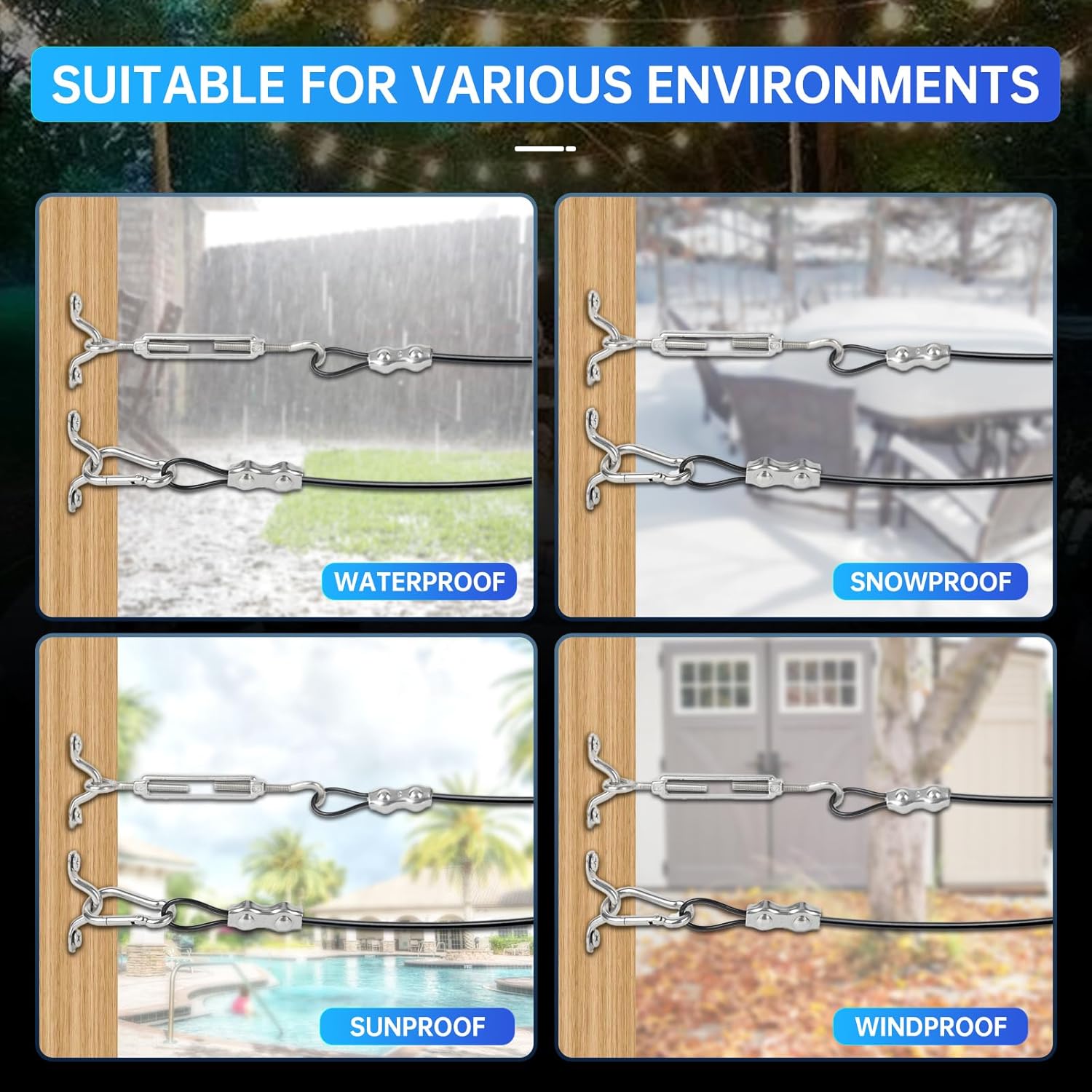 164FT Black Vinyl-Coated 304 Stainless Steel Cable – Heavy Duty String Lights Hanging Kit with Turnbuckle, Thimble & Hooks for Outdoor, Patio, Garden, Christmas Lights-VerdiqueGarden