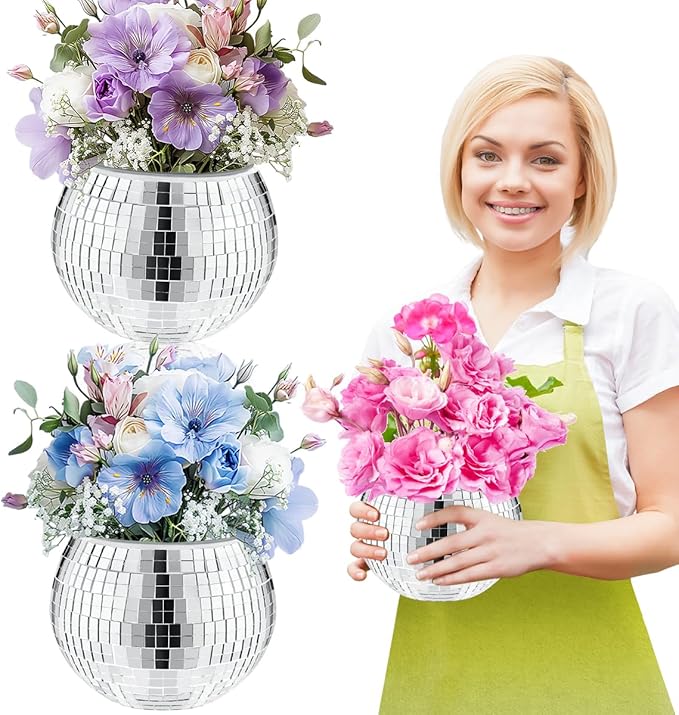 2 Pcs Disco Ball Vase, 5 x 6 Inch Mirrored Disco Ball Planters Perfect for Decorative Living Room, Bedroom, Dining Table, Wedding, Party, Birthday-VerdiqueGarden