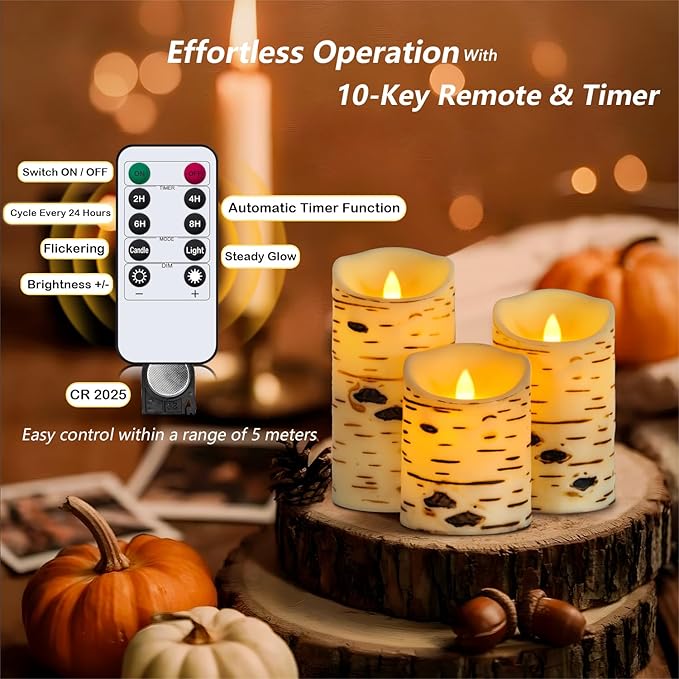 Metaku Flameless Candles Battery Operated Set of 3 Birch Bark LED Pillar Candles with Remote,3D Moving Wick Electric Decorative Candles for Christmas Party Wedding Home Bedroom,D 3"×H4 5" 6"-VerdiqueGarden