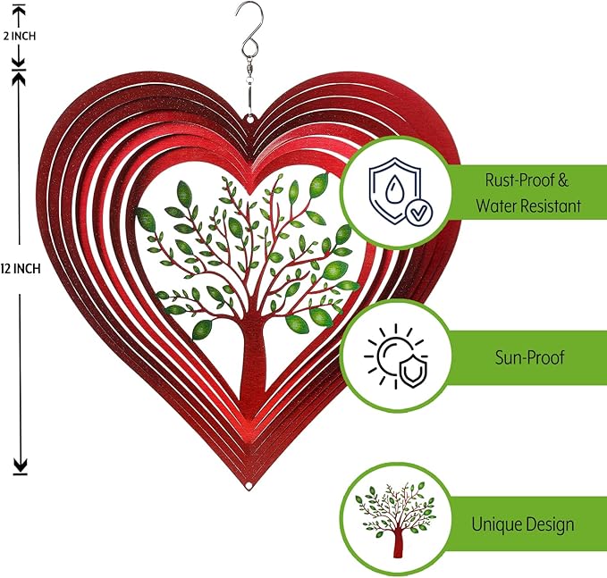 Heart Wind Spinners for Yard and Garden, Metal Ornaments for Garden Décor, Outdoor Wind Spinner, Heart Décor Gifts, Outdoor Garden Decoration, 12 inch Heart Wall Décor by ISEO-VerdiqueGarden