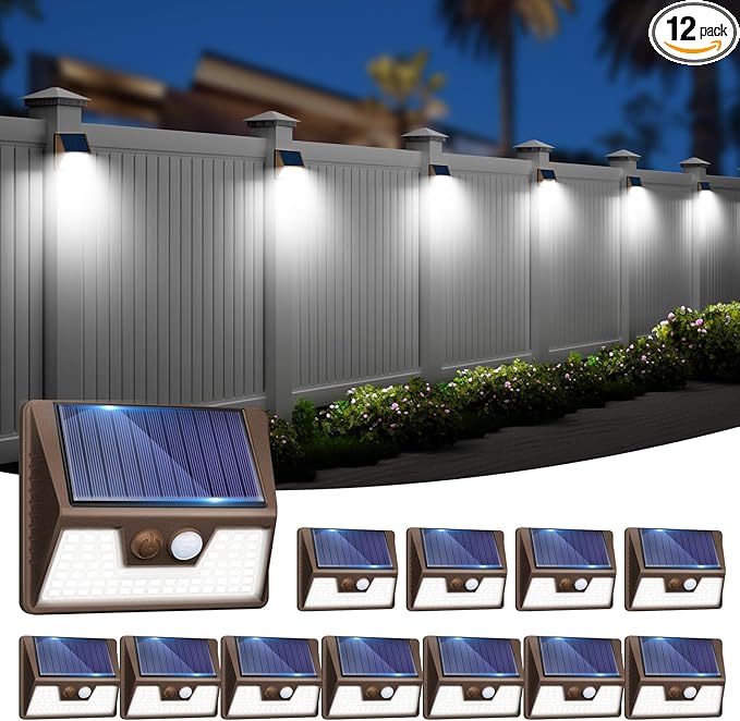 12 Pack Solar Fence Lights Waterproof, Motion Sensor Deck Lights Outdoor, Cold White LED Outside Lamp Wireless for Wall Yard Steps Stairs Garden - Brown-VerdiqueGarden