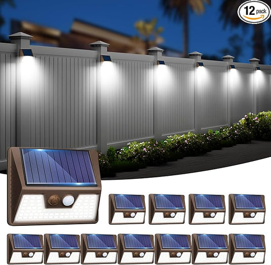 12 Pack Solar Fence Lights Waterproof, Motion Sensor Deck Lights Outdoor, Cold White LED Outside Lamp Wireless for Wall Yard Steps Stairs Garden - Brown-VerdiqueGarden