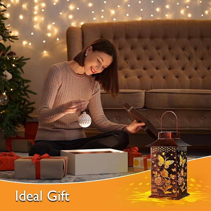 Homemory Butterfly Solar Lanterns Waterproof, Metal Hanging Hollowed-Out Metal Decor Lantern, LED Outdoor Decoration for Outside LED Lanternse for Yard, Backyard, Porch, Lawn-VerdiqueGarden