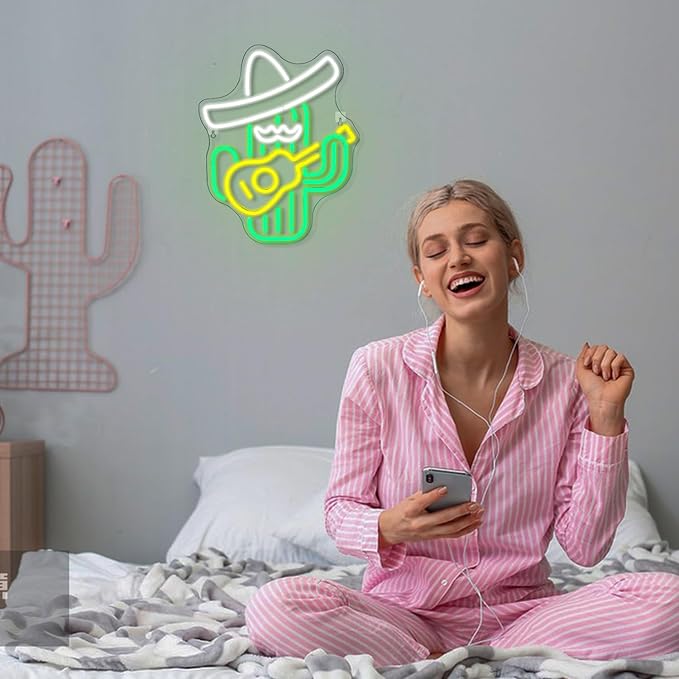 WLHOPE Cactus Neon Sign Cowboy Hat Neon Signs Green Led Neon Signs for Wall Decor, Guitar Cactus Neon Led Signs USB Anime Neon Light for Bedroom Game Room Kids Room Home Bar Party Shop Gift-VerdiqueGarden