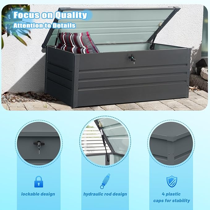260 Gallon Metal Outdoor Storage Box Waterproof, Extra Large Deck Box and Patio Cushion Box for Storing Gardening Tools, Pool Supplies-VerdiqueGarden