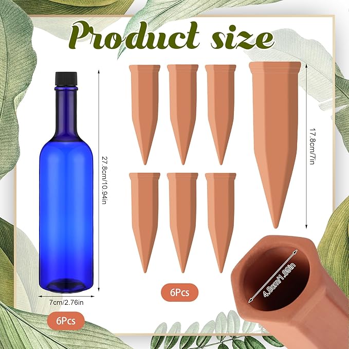 12 Pack Plant Watering Devices Include 6 Terracotta Self Watering Spikes and 6 Pcs 26 oz Plastic Bottles, Slow Release Vacation Insert Automatic Plant Waterer Device (Blue)-VerdiqueGarden