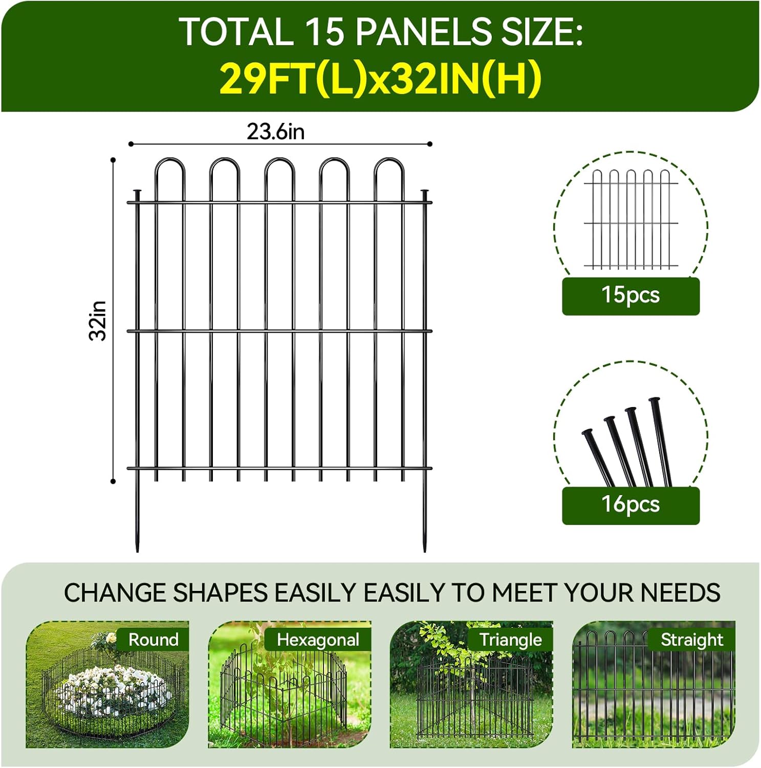 15 Panels Decorative Garden Fence, 32ft X 32in Rustproof Metal Animal Barrier Fence, No Dig Fence Garden Fence, Arched Flower Bed Edging Ornamental Wire Border Fencing for Outdoor Yard, Patio Decor-VerdiqueGarden