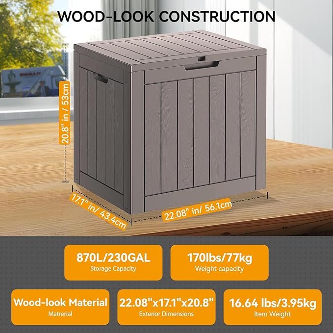 KAMABOKO Deck Box, 32 Gallon Resin Indoor and Outdoor Storage Boxes Waterproof for Garden Tools, Pool Accessories Storage Bench, Patio Furniture and Cushions with Lockable Lid, Grey-VerdiqueGarden