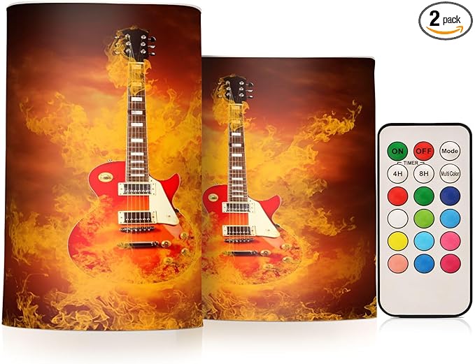 Flickering Flameless Candles, Rock Guitar in Fire Flames LED Candles with Remote Timer, Set of 2 Battery Operated Candle for Valentine Wedding Birthday-VerdiqueGarden