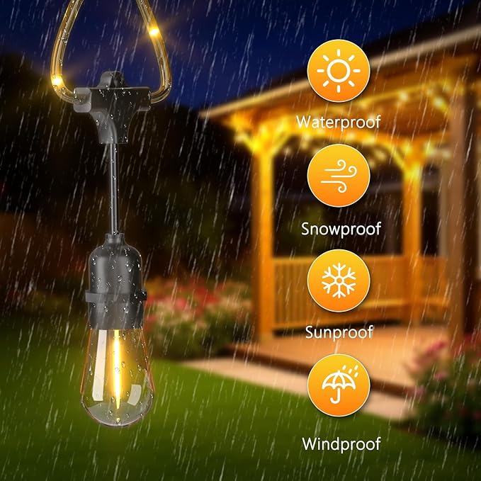 Outdoor String Fairy Lights, 48ft Dimmable Patio Lights with 15+1 S14 Retro Edison Bulbs & 144 Fairy Rope, IP65 Waterproof, LED Outside Hanging Light for Party Backyard Bistro, 7 Strands Connectable-VerdiqueGarden