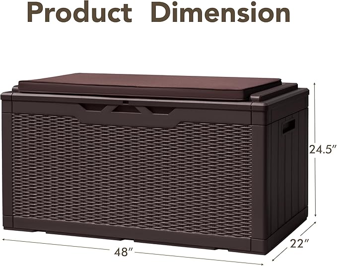 Devoko 100 Gallon Deck Box, Waterproof Resin Outdoor Storage Box with Cushion for Outside and Patio, Large Outdoor Storage Bench Cabinet Lockable for Patio Furniture and Garden Tools (Deep Brown)-VerdiqueGarden