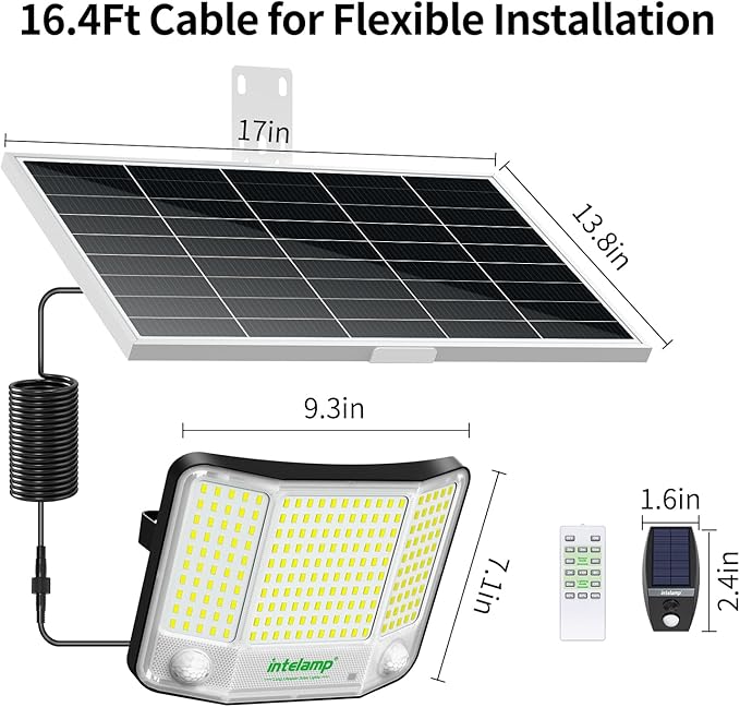intelamp Solar Flood Lights Outdoor Waterproof, 20000mAh 4000LM Linkable Dual Motion Sensor Security Floodlight Exterior with Remote 16.4 FT Cable, 2-12H Dusk to Dawn Spots Lighting Outside-VerdiqueGarden