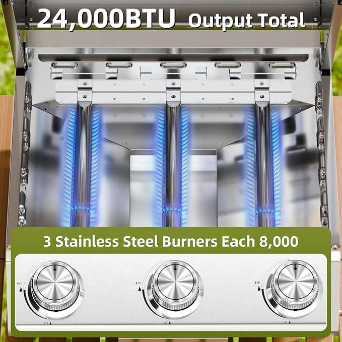 3-Burner 24,000 BTU Portable Flat Top Propane Gas Grill, Heavy-Duty Stainless Steel 2-in-1 Tabletop Grill and Griddle Combo for Commercial BBQ, Outdoor Cooking, Camping,Tailgates & Backyard-VerdiqueGarden