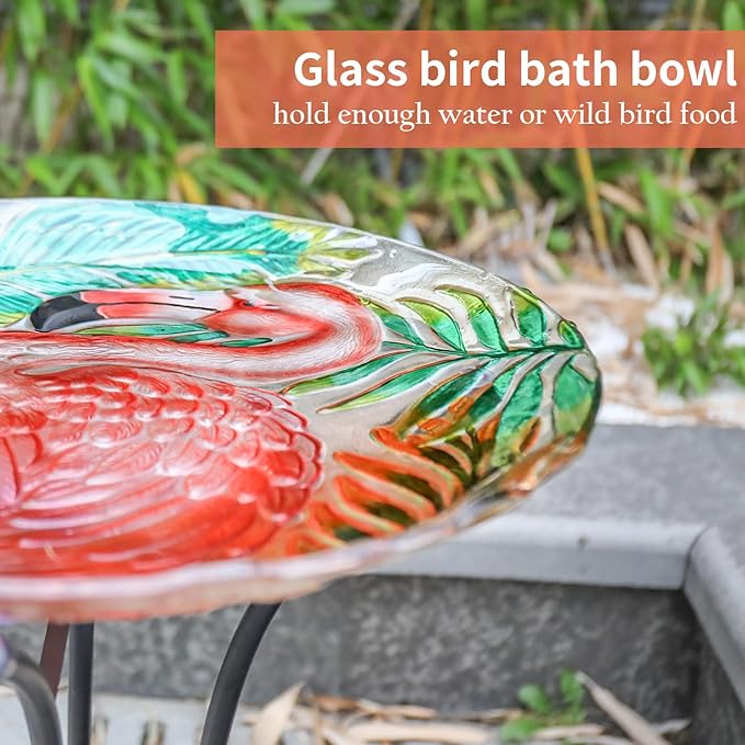 VCUTEKA 18" Outdoor Glass Birdbath with Sturdy Metal Stand for Lawn, Yard, or Garden Decor Bird Lovers Gift, Flamingo Bird Bath Detachable, 22" Height-VerdiqueGarden