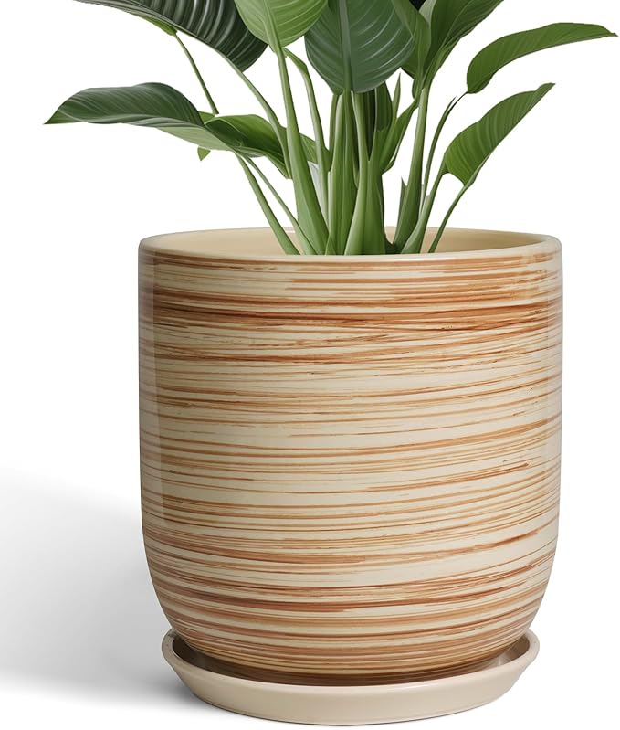 12 Inch Pots for Plants - Ceramic Planters for Indoor Plants, Large Planter Pot for Home Garden Patio Office with Drainage Hole Cylinder Flower Pot Yellow-VerdiqueGarden