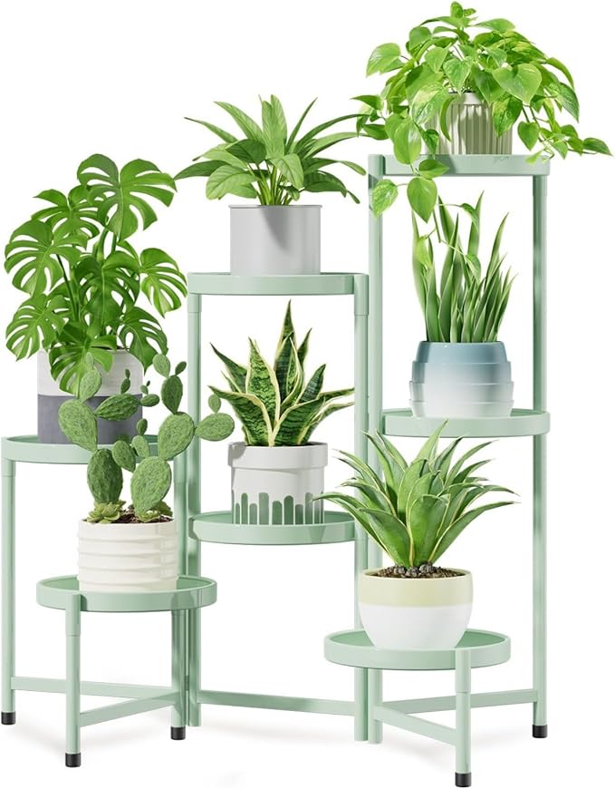 iDavosic.ly 7 Tier Large Plant Stand Indoor, 10 Inch Wide Tall Corner Metal Plant Stands Outdoor for Multiple Plants, Folding Tiered Flower Display Holder Rack Shelf, Light Green-VerdiqueGarden