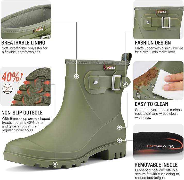 HISEA Women's Ankle Rain Boots Waterproof, Fashion Short Garden Shoes Anti-slip for Women with Comfortable Insole-VerdiqueGarden