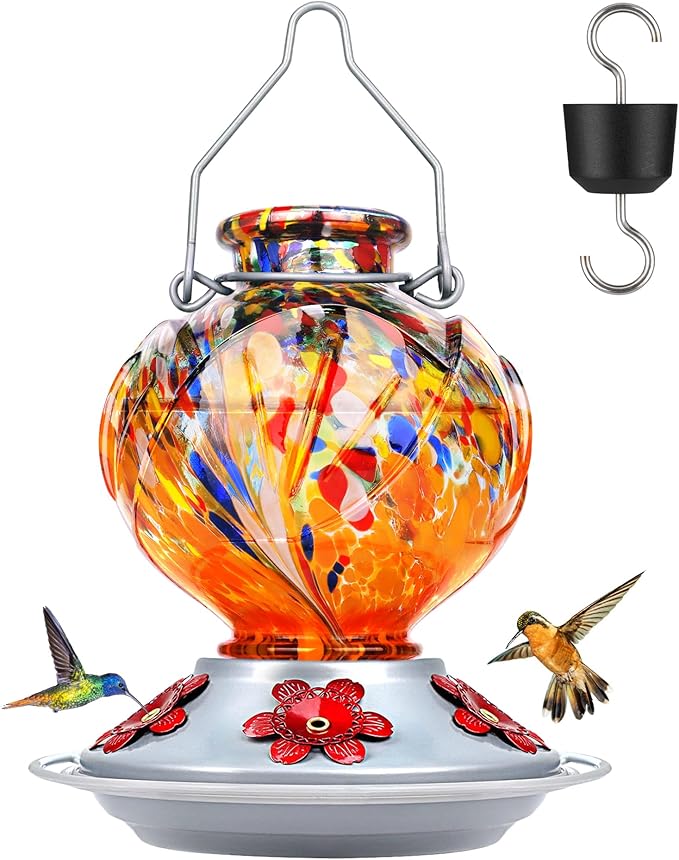 BOLITE Hummingbird Feeder, Hand Blown Glass Hummingbird Feeders for Outdoors Hanging, with Ant Moat and 5 Feeding Ports, 22 Ounces, Peony Flower Shape, Orange, Gifts for Women Men, Gifts for Mom Dad-VerdiqueGarden