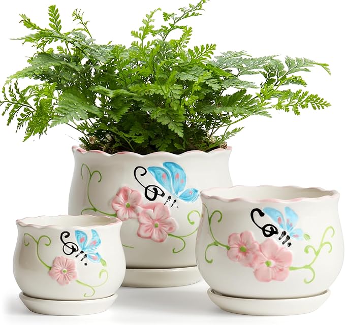 Ceramic Plant Pots with Drainage Holes and Saucers, Round Flower Pots for Indoor Plant, 3.9/5.2/6.7 Inches Flower Large Planters Set of 3-VerdiqueGarden