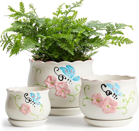 Ceramic Plant Pots with Drainage Holes and Saucers, Round Flower Pots for Indoor Plant, 3.9/5.2/6.7 Inches Flower Large Planters Set of 3-VerdiqueGarden