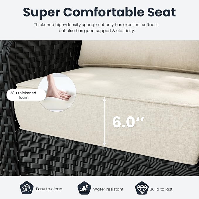 6 Pieces Outdoor Patio Furniture Sets with Rocking Swivel Chairs with 6-inch Thick Cushion and Side Table for Deck Lawn-VerdiqueGarden