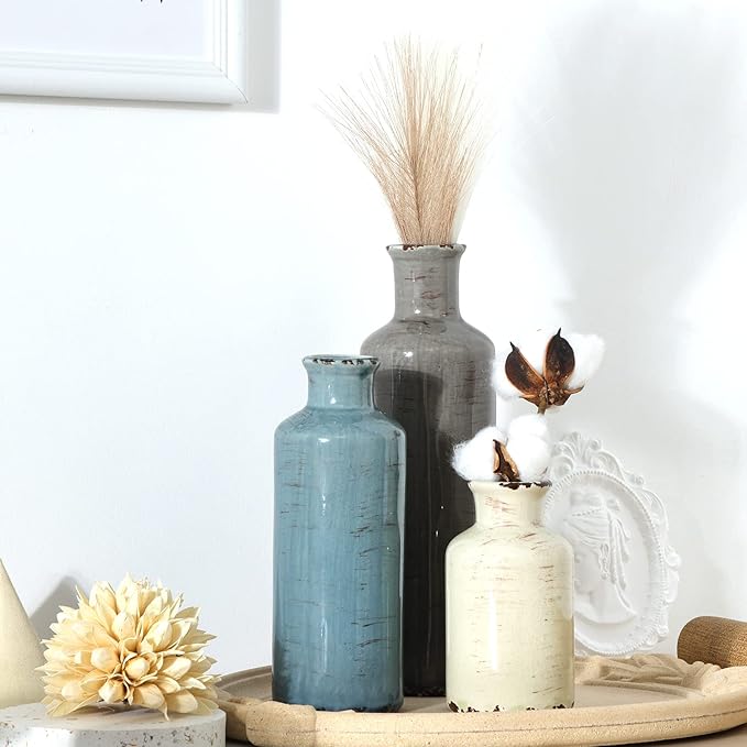 CUCUMI Ceramic Flower Vases Set of 3, Rustic Coastal Home Decor for Farmhouse Shelves, Ocean Beach Style, Mantle, Fireplace, Coffee Table, Shelf for Living Room-VerdiqueGarden