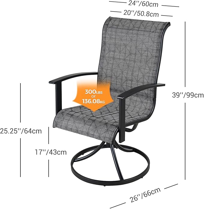 Grand patio Outdoor Swivel Dining Chairs Set of 2, 360 Degree Mesh Sling Rocker Sets for Deck, Garden Backyard, Black & Grey Plaid-VerdiqueGarden