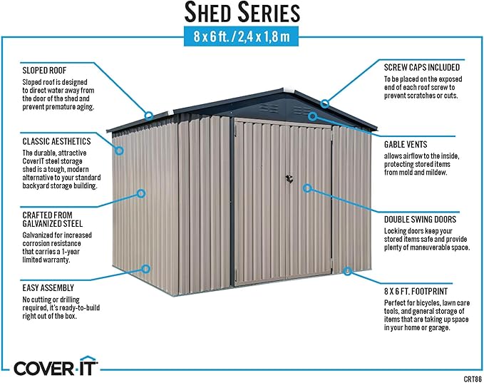 Metal Outdoor Galvanized Steel Storage Shed with Lockable Doors for Backyard or Patio Storage of Bikes, Grills, Supplies, Tools, Toys, for Lawn, Garden, and Camping, Tan (8x6)-VerdiqueGarden