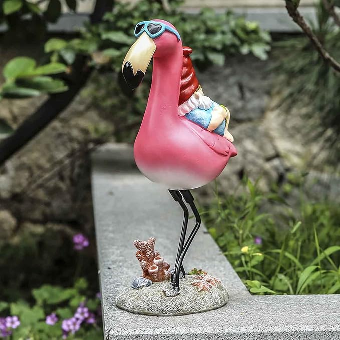 Gnome Garden Statue Funny Gnome Reclining on Flamingo Figurines, Resin Garden Gnomes Fall Decorations Outdoor for Patio Yard Lawn Porch, Ornament Gift-VerdiqueGarden
