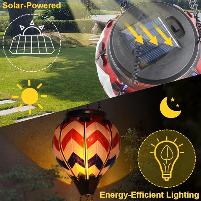 Hot Air Balloon Solar Lantern with Flickering Flame, Glass Hanging Garden Lights Outdoor Waterproof for Tree Yard Patio Mother's Day Gift, 18" H Wavy-Blue Red White-VerdiqueGarden