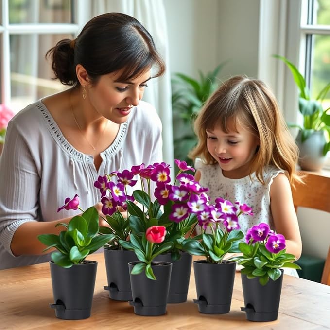 12 Pack 4 Inch Self Watering Plant Pots with Drainage and Saucers，Plastic Flower Pots for Indoor and Outdoor Plants, Nursery Planters for Houseplants and Herbs Black, 4 inch 12pcs-VerdiqueGarden