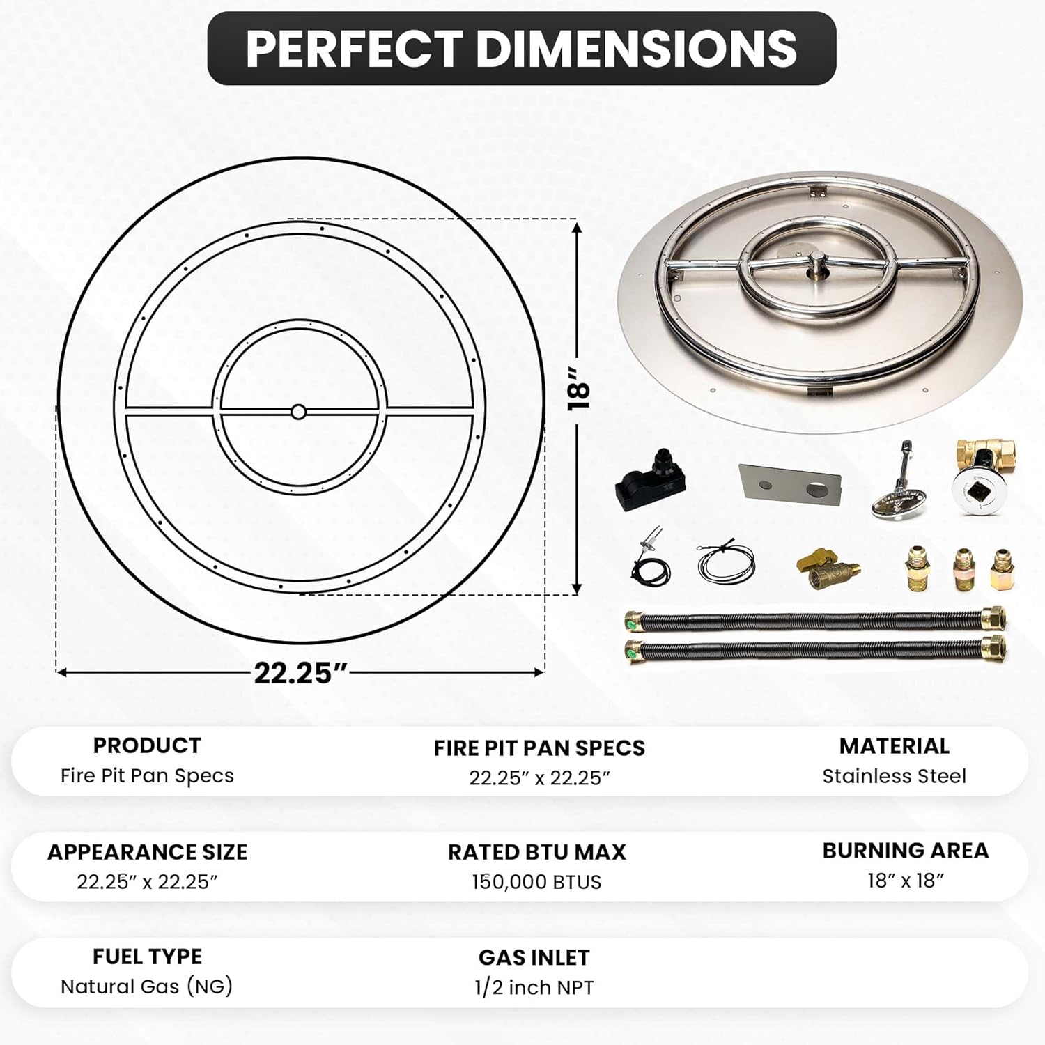 Stainless Steel Fire Pit Burner Pan & Ring Deluxe Kit for Natural Gas, 22-Inch Pan, 18-Inch Ring, 150,000 BTU Max-VerdiqueGarden