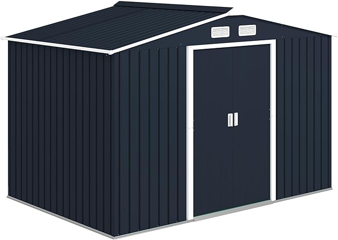 Outsunny 9' x 6' Outdoor Storage Shed, Garden Tool Metal Shed with Foundation Kit, Double Lockable Door, Air Vents and Sloping Roof, for Backyard, Patio, Lawn, Dark Gray-VerdiqueGarden