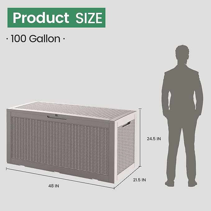 100 Gallon Storage Box, Waterproof Resin Deck Box with Hydraulic Piston Design, Lockable Storage Bench for Package Delivery, Storage Bin for Patio Cushions, Garden Tools, Grey-VerdiqueGarden