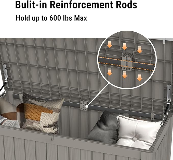 Mars Villa 119 Gallon Outdoor Storage Box Waterproof, Large Resin Deck Box for Pool Supplies Storage, Outdoor Patio Furniture Cushions, with Hydraulic Hinge, UV-Resistant and Weatherproof, Greige-VerdiqueGarden