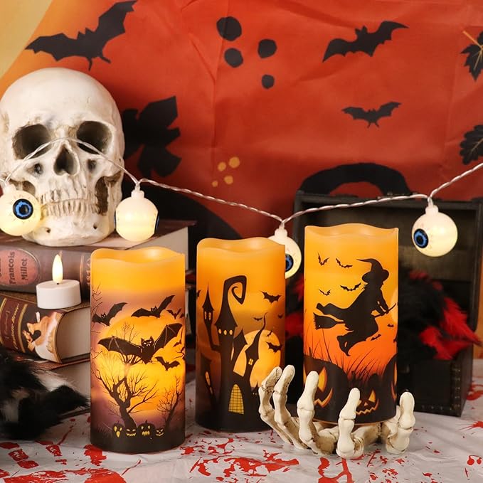 Halloween Real Wax LED Flameless Flickering Candles with 6H Timer, 3 Pcs Pillar Battery Operated Candle Sticks with Halloween Decal for Home Decor(3”x6”)-VerdiqueGarden