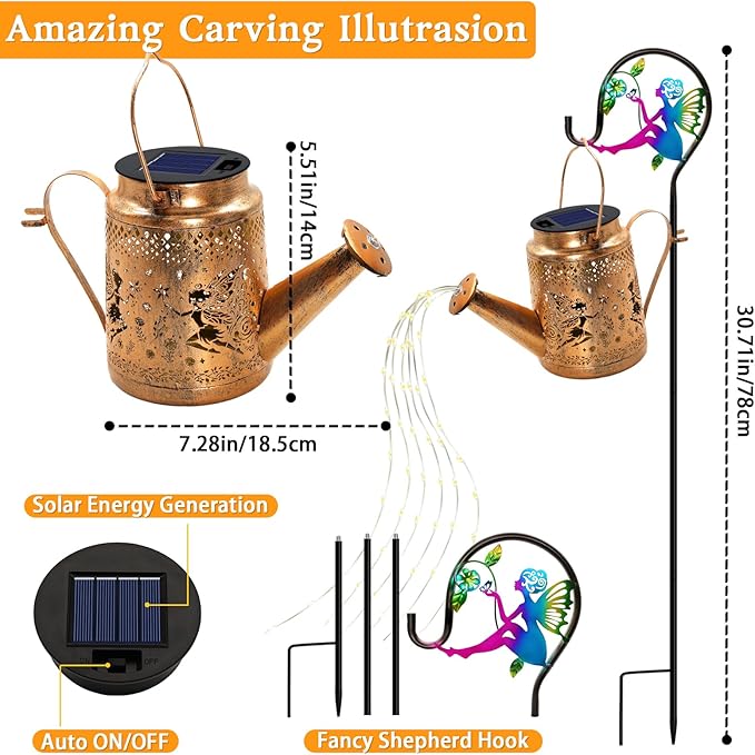 Solar Lanterns Outdoor Waterproof,Metal Watering Can Garden Decor,Fairy Hanging Solar Path Lights Yard Art,Outside Patio Decorations Gardening Birthday Gifts for Mom Grandma Women（with Shepherd Hook）-VerdiqueGarden
