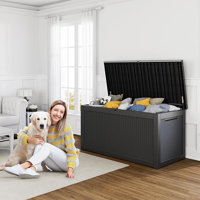 260 Gallon Resin Deck Box, Lockable Patio Outdoor Storage Box for Furniture, Garden Tools and Tools Storage, Waterproof Outside Storage Boxes - Black-VerdiqueGarden