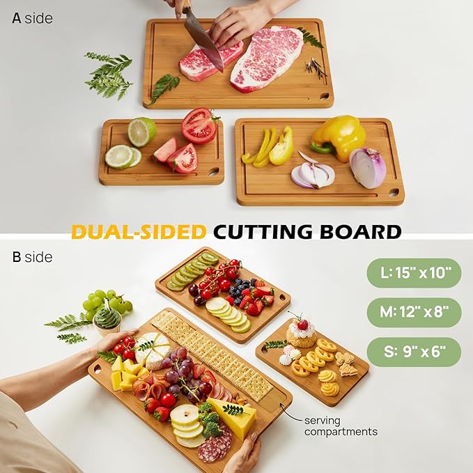 Bamboo Cutting Board, Durable Wood Cutting Boards for Kitchen with Deep Juice Grooves & Built-in Handles, Ideal Charcuterie & Chopping for Meat, Vegetables and Fruits Ideas Kitchen Gift for Home Cooks-VerdiqueGarden