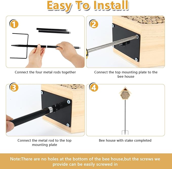 Mason Bee House for Garden, Natural Wooden Bee Habitat with Metal Ground Stake, Attracts Pollinators, Improve Garden Productivity, Outdoor Decoration-VerdiqueGarden