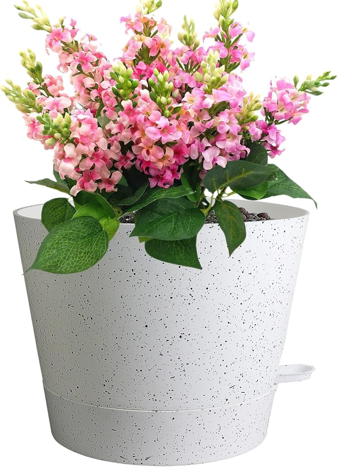 12 inch Large Self Watering Pots, Plant Pots with Mesh Drainage Holes for Indoor Outdoor Plants, Plastic Planters with Deep Reservoir for Garden House Flower Plants, Speckled White-VerdiqueGarden