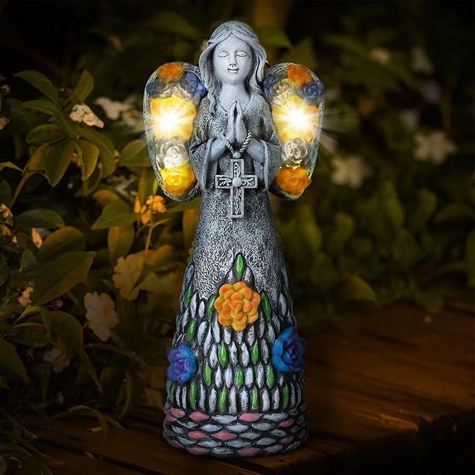 Yiosax-Garden Angels Outdoor Statue-Solar Lights Decor - Solar Angels for Cemetery Grave Cross Praying Succulent Wings Remembrance Angel Figurine Lawn Yard Decorations, White, Yiosax-Angel04-VerdiqueGarden