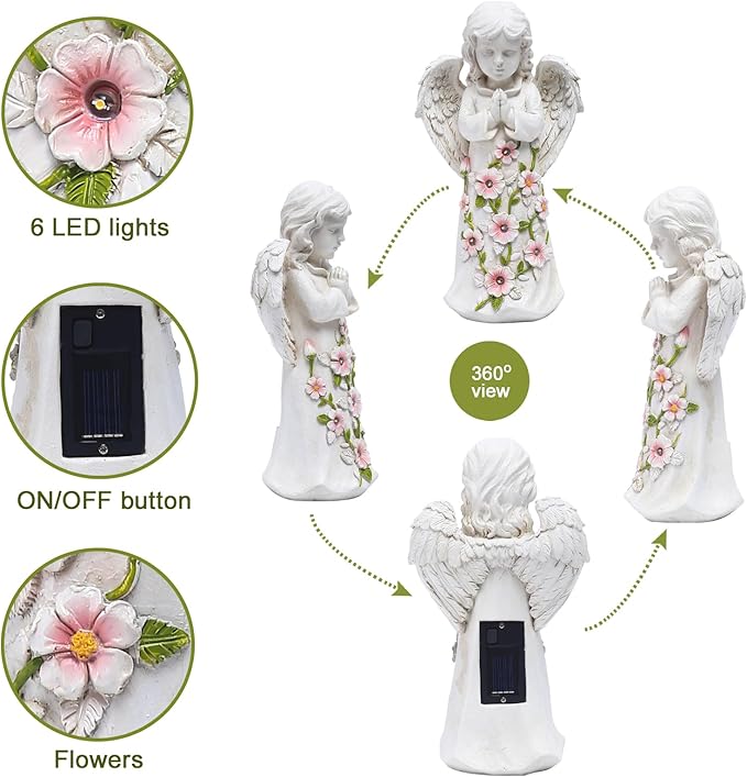 Nacome Solar Garden Outdoor Statues Angel with Succulent and 7 LED Lights – Lawn Decor for Patio, Balcony, Yard Ornament - Unique Housewarming Gifts-VerdiqueGarden