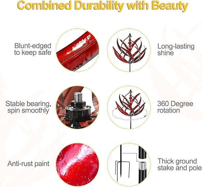 LimeHill Wind Spinner for Garden and Yard - Large Metal Kinetic Wind Sculptures for Outdoor Decor (91 Inches, Burgundy Lotus)-VerdiqueGarden