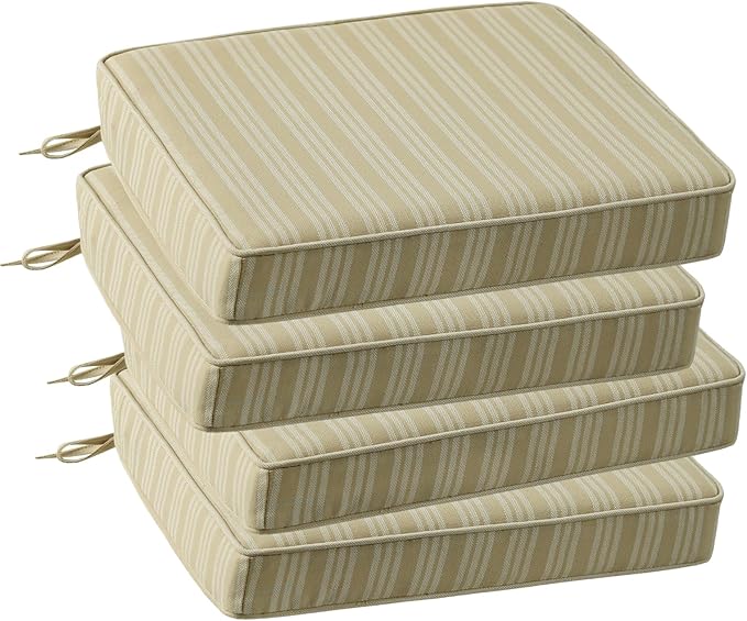Outdoor Square Corner Seat Cushion, 19"x19"x3", Set of 4, Non Slip Seat Cushion Pads with Removable Cover for Patio Furniture, Garden Yard Lawn, Beige Brown Stripe-VerdiqueGarden