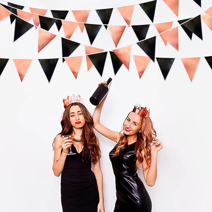 Black Rose Gold Party Decorations Triangle Pennant Banner Flag Rose Gold Black Metallic Fabric Bunting Garland for Graduation Birthday Wedding Engagement Bachelorette Celebration Hen Party Supplies-VerdiqueGarden